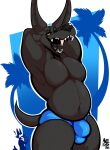 2023 anthro anubian_jackal awoogasm black_body bulge canid canine canis clothing digital_media_(artwork) ebony_(awoogasm) hi_res jackal looking_at_viewer male mammal muscular muscular_anthro muscular_male open_mouth pecs simple_background smile solo speedo swimwear tongue
