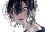  1boy bishounen black_hair blue_eyes close-up earrings glowing hair_between_eyes jewelry konpeitou_(pixiv37354724) looking_at_viewer male_focus mole mole_under_mouth original parted_lips piercing portrait sidelocks simple_background solo summer wide-eyed wind_chime 