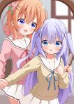  2girls azel_(laevateinn495) blue_eyes blue_hair blush gochuumon_wa_usagi_desu_ka? hair_between_eyes hair_ornament highres hoto_cocoa kafuu_chino long_hair long_sleeves mirror mirror_image multiple_girls open_mouth orange_hair pleated_skirt purple_eyes sailor_collar short_hair skirt smile two_side_up white_sailor_collar white_skirt x_hair_ornament 