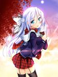  autumn_leaves black_legwear blue_eyes cup garter_straps holding long_hair looking_at_viewer nana_(artist) original plaid plaid_scarf plaid_skirt scarf school_uniform silver_hair skirt solo thighhighs 