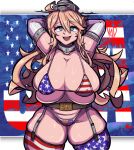  1girl american_flag american_flag_background american_flag_bikini american_flag_legwear american_flag_panties arms_behind_head asymmetrical_legwear bikini blonde_hair breasts cleavage flag_print garter_straps highres huge_breasts iowa_(kancolle) kantai_collection medium_hair shiny_skin skindentation smile solo star-shaped_pupils star_(symbol) string_bikini swimsuit symbol-shaped_pupils th3k1d thick_thighs thighhighs thighs 
