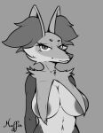 anthro areola areola_slip big_breasts breasts canid canine delphox female foxy_concept fur generation_6_pokemon hi_res inner_ear_fluff looking_at_viewer mammal monochrome nintendo pokemon pokemon_(species) simple_background solo tuft