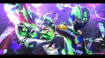  1boy arm_cannon aura glitch glowing green_eyes green_helmet looking_at_viewer mask mega_man_(series) mega_man_battle_network_(series) megaman.exe mouth_mask one_eye_covered otsumami_(bu-bu-heaven) purple_helmet twitter_username upper_body weapon 