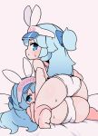  2girls animal_ears ass blue_eyes blue_hair cake chibi food highres kiosk_(artist) layer_cake long_hair multiple_girls near_(sound_voltex) noah_(sound_voltex) panties pussy rabbit_ears simple_background sound_voltex spread_legs sweat underwear visor_cap white_background 