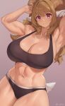  1girl abs armpits arms_up bare_arms bare_shoulders blush breasts brown_hair brown_horns cleavage closed_mouth commentary english_commentary highres horns iwbitu large_breasts long_hair looking_at_viewer muscular muscular_female navel original purple_background purple_eyes simple_background smile solo tail 