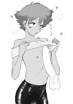  1boy 1girl ? absurdres bike_shorts blank_censor blush_stickers cameltoe censored clothes_lift cowboy_bebop disembodied_penis edward_wong_hau_pepelu_tivrusky_iv flat_chest greyscale hetero highres kaiman_garupan lifted_by_self monochrome naizuri nipples open_mouth paizuri penis ribs shiny_clothes shirt_lift short_hair simple_background solo_focus standing sweat testicles white_background 