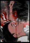  2boys bishounen black_hair blood blood_drip blood_on_face close-up collar extra_digits eye_contact highres horror_(theme) konpeitou_(pixiv37354724) looking_at_another looking_down looking_up male_focus multiple_boys octopus original parted_lips retro_artstyle smoke tan waves white_collar wide-eyed yaoi 