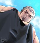  absurdres bara beard black_tank_top blue_sky camp_buddy cloud facial_hair from_below frown goro_nomoru highres large_pectorals levi_priapus looking_at_viewer male_focus meme nipple_slip nipples pectorals short_hair sideburns signature sky tank_top upper_body white_hair yur_oc_like_this_(meme) 