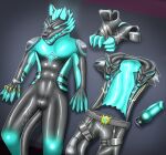 3_toes 5_fingers anthro barazoku black_body black_fur bottomwear canid canine canis cerberus_(fortnite) clothing epic_games feet fingers footwear fortnite fur green_body green_eyes green_fur hi_res jacket latex latex_clothing latex_skinsuit looking_at_viewer lying male mammal muscular muscular_anthro muscular_male nikail on_back pants shoes skinsuit solo tight_clothing toes topwear wolf
