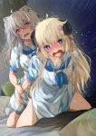  2girls ahoge animal_ear_fluff animal_ear_piercing animal_ears arm_grab bed blonde_hair blue_neckerchief blue_sailor_collar blush clothed_sex doggystyle fumihiko_(fu_mihi_ko) grabbing_another&#039;s_arm grey_eyes grey_hair hair_between_eyes hair_ornament hairclip heart heart-shaped_pupils highres holohoneygaoka_high_school_uniform holohoneygaoka_koukou hololive horns indoors lion_ears lion_tail long_hair multiple_girls neckerchief official_alternate_costume on_bed open_mouth purple_eyes sailor_collar saliva saliva_drip saliva_trail school_uniform sex sheep_horns shirt shishiro_botan skirt symbol-shaped_pupils tail tears teeth tsunomaki_watame virtual_youtuber white_shirt white_skirt yuri 