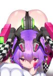  1girl :o animal_ears ass cosmic_break facial_tattoo highres looking_at_viewer playboy_bunny purple_hair rabbit_ears renny_lop robot_ears sgame_deme short_hair tattoo 