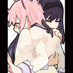  2girls absurdres akemi_homura black_hairband blush closed_eyes commentary hairband highres hug juliet_sleeves kaname_madoka long_sleeves mahou_shoujo_madoka_magica mahou_shoujo_madoka_magica_(anime) mitakihara_school_uniform multiple_girls pillarboxed pink_eyes pink_hair puffy_sleeves purple_eyes purple_hair school_uniform shirt stuck_in_a_box sweatdrop twintails upper_body ydpfa yellow_shirt yuri 