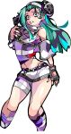  1girl a.b.a absurdres bags_under_eyes blood crazy_eyes enpe fingerless_gloves gloves grey_hair guilty_gear guilty_gear_strive highres key key_in_head long_hair looking_at_viewer navel object_through_head shorts 
