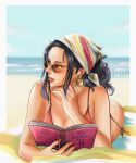  1girl beach_towel bikini black_hair book cloud earrings greciiagzz hand_on_own_chin head_scarf highres holding holding_book instagram_username jewelry looking_to_the_side lying nico_robin ocean on_stomach one_piece red_nails sand sidelocks sky solo swimsuit towel twitter_username 