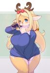  1girl :p absurdres animal_ears animal_nose antlers blonde_hair blue_sweater blush body_fur bow breasts cellphone deer_antlers furry furry_female green_eyes hair_bow hairband highres holding holding_phone horns large_breasts long_hair looking_at_viewer low_twintails orange_fur original phone red_bow red_hairband snout solo standing sweater thighs tongue tongue_out twintails two-tone_fur white_fur whooo-ya 