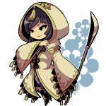  1girl aya_gozen_(sengoku_musou) black_eyes black_hair chibi chibi_only closed_mouth full_body holding holding_polearm holding_weapon hood hood_up kotorai lance looking_ahead no_nose polearm robe sengoku_musou solo tassel weapon white_hood white_robe wide_sleeves 