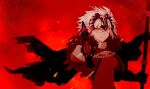  1girl cape fate/grand_order fate_(series) flag fur-trimmed_cape fur_trim gauntlets grey_hair highres holding holding_flag holding_sword holding_weapon jeanne_d&#039;arc_alter_(avenger)_(fate) jeanne_d&#039;arc_alter_(fate) orange_eyes pointing_weapon red_background smile sword torn_cape torn_clothes urushi_0117 weapon 