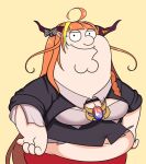  ahoge bow cleavage_cutout cleft_chin clothing_cutout cosplay diagonal-striped_bow double_chin dragon_horns family_guy fat fat_man hololive horn_bow horn_ornament horns kiryu_coco kiryu_coco_(1st_costume) lewdishsnail long_hair looking_at_viewer meme midriff navel orange_hair peter_griffin simple_background standing toon_(style) 