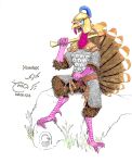 2023 4_toes anisodactyl anthro armor avian avian_caruncle axe balls beak belt bird bronze bronze_(metal) bronze_weapon brown_body brown_feathers clothed clothing clothing_lift feathers feet flaccid galliform genitals hand_on_weapon headgear helmet hi_res looking_at_viewer male open_mouth outside pauldron penis phasianid pink_body pink_scales raised_hackles rock scales scutes shabnack_(artist) signature simple_background sitting smile snood_(anatomy) solo stealing tail tail_feathers talons toes traditional_media_(artwork) tumeruk_(shabnack) turkey waddle weeds