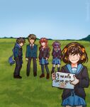  2boys 3girls absurdres asahina_mikuru bad_source blush brown_hair camera cardigan derivative_work english_text grass highres holding holding_sign koizumi_itsuki kyon leo_(artist) looking_at_viewer multiple_boys multiple_girls nagato_yuki orange_hair purple_hair radiohead_(band) ribbon sailor_collar scarf school_uniform serafuku sign smile sparkling_eyes suzumiya_haruhi suzumiya_haruhi_no_shoushitsu suzumiya_haruhi_no_yuuutsu taking_picture yellow_ribbon 