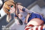  1girl anchor_hair_ornament bed black_hairband black_neckerchief black_panties blonde_hair blue_sailor_collar blue_skirt blurry breasts cosplay crop_top depth_of_field dutch_angle eckert&amp;eich elbow_gloves empty_eyes gloves hair_ornament hairband highleg highleg_panties kantai_collection long_hair looking_at_viewer medium_breasts microskirt midriff miniskirt navel neckerchief panties parted_lips pleated_skirt prinz_eugen_(kancolle) sailor_collar shimakaze_(kancolle) shimakaze_(kancolle)_(cosplay) shirt skirt sleeveless sleeveless_shirt solo striped_clothes striped_thighhighs thighhighs twintails underwear white_gloves 