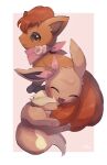  absurdres animal_ears border brown_fur closed_eyes closed_mouth eevee fang highres no_humans nullma open_mouth pawpads pink_background pink_scarf pokemon pokemon_(creature) pokemon_rgby scarf skin_fang tail vulpix white_border 