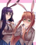  2girls absurdres animal_ears breasts doki_doki_literature_club green_eyes hair_ornament hair_ribbon hairclip highres irkawaza large_breasts long_hair looking_at_viewer monika_(doki_doki_literature_club) multiple_girls orange_hair purple_eyes purple_hair rabbit_ears ribbon school_uniform white_ribbon yuri_(doki_doki_literature_club) 