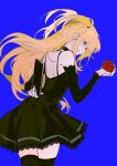  1girl amane_misa apple black_choker black_dress black_thighhighs blonde_hair blue_background choker death_note death_note_(object) detached_sleeves dress food from_behind fruit grey_eyes holding holding_food holding_fruit lace-trimmed_dress lace_trim long_hair looking_at_viewer looking_back red_nails simple_background solo thighhighs ttk211 two_side_up zettai_ryouiki 