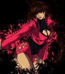  breasts brown_hair cleavage cleavage_cutout colorized dark_persona dark_skin derivative_work h1w0 hair_over_eyes hiroaki_(kof) large_breasts leaning_forward lipstick long_hair makeup miniskirt navel ponytail popped_collar shermie skirt solo the_king_of_fighters 