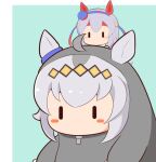  2girls ahoge animal_ears blue_background blue_hairband blush_stickers chibi ears_through_headwear gomashio_(goma_feet) grey_hair hair_between_eyes hairband headband horse_ears long_hair mini_person minigirl multiple_girls oguri_cap_(gray_monster)_(umamusume) oguri_cap_(umamusume) on_head red_headband simple_background tamamo_cross_(umamusume) umamusume |_| 