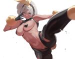  1girl alternate_breast_size animal_ears bea_(pokemon) black_gloves black_pantyhose breasts closed_mouth cosplay crotchless crotchless_pantyhose dark-skinned_female dark_skin english_commentary fake_animal_ears female_pubic_hair gloves grey_hair heart_maebari heart_pasties highres kicking large_breasts looking_at_viewer lopunny lopunny_(cosplay) maebari meme_attire okpriko outstretched_leg pantyhose pasties pokemon pokemon_swsh pubic_hair rabbit_ears reverse_bunnysuit reverse_outfit short_hair solo toned white_background 