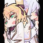  2girls absurdres anisphia_wynn_palettia black_ribbon blonde_hair blush bright_pupils capelet commentary euphyllia_magenta green_eyes hair_ribbon highres jacket long_hair long_sleeves medium_hair multiple_girls neck_ribbon pillarboxed purple_eyes purple_hair ribbon stuck_in_a_box sweat sweatdrop tensei_oujo_to_tensai_reijou_no_mahou_kakumei white_capelet white_jacket white_pupils ydpfa yuri 