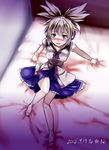  arm_support bed_sheet blue_skirt blush bracer brown_eyes brown_hair chaigidhiell dated earmuffs highres looking_at_viewer looking_up neck_ribbon on_bed pointy_hair ribbon sailor_collar sheet_grab short_hair skirt socks solo tears touhou toyosatomimi_no_miko white_legwear 