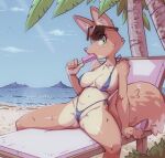 anthro beach big_breasts bikini breasts canid canine clothed clothing diane_foxington dreamworks female food fox fur green_eyes hi_res looking_at_viewer mammal mcfli orange_body orange_fur outside popsicle sand seaside sky solo swimwear tail the_bad_guys water white_body white_fur