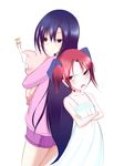  2girls accel_world anger_vein arita_haruyuki black_hair brown_eyes d: haru_(tropical_palette) kouzuki_yuniko kuroyukihime long_hair multiple_girls open_mouth pig red_eyes red_hair short_hair short_twintails twintails 