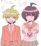  1boy 1girl ahoge belt black_belt breast_pocket breasts brown_hair brown_jacket brown_pants brown_skirt collared_shirt cowboy_shot danganronpa:_trigger_happy_havoc danganronpa_(series) green_hair grey_shirt jacket koracoid large_breasts miniskirt naegi_komaru naegi_makoto necktie open_clothes open_jacket pants pink_necktie pink_sailor_collar pocket sailor_collar shirt skirt smile white_background 