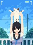  1girl :3 ahoge animal arms_up battery_indicator black_eyes black_hair blue_sky cat holding holding_animal holding_cat neckerchief open_mouth original outdoors piao_mao pixel_art recording school_uniform serafuku short_hair sky solo utility_pole viewfinder white_cat 