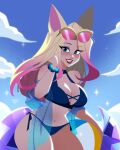  1girl ahri_(league_of_legends) animal_ears bikini blonde_hair blue_bikini blue_eyes breasts eyewear_on_head fox_ears fox_girl fox_tail highres jewelry k/da_(league_of_legends) k/da_ahri k/da_all_out_ahri large_breasts league_of_legends long_hair looking_at_viewer multicolored_hair pink-tinted_eyewear pink_hair sunglasses swimsuit tail teddy_teddd tinted_eyewear two-tone_hair 