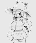  1girl arinu blush breasts cowboy_shot grey_background greyscale hair_ribbon hat highres large_breasts looking_at_viewer medium_hair monochrome moriya_suwako open_mouth ribbon simple_background skirt sleeves_past_fingers sleeves_past_wrists smile solo thighhighs touhou tress_ribbon vest wide_sleeves 