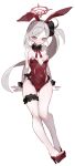  1girl animal_ears blue_archive blush breasts covered_navel fake_animal_ears full_body grey_hair grin groin halo high_heels highres hinamori_(18ar0) leotard long_hair looking_at_viewer mutsuki_(blue_archive) pink_eyes rabbit_ears red_footwear red_halo red_leotard side_ponytail simple_background small_breasts smile solo strapless strapless_leotard thigh_strap white_background 