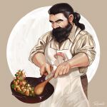  1boy apron beard beard_over_mouth brown_hair closed_eyes contemporary cooking cowboy_shot dungeon_meshi dwarf facial_hair food_print highres long_beard male_focus mature_male medium_hair mushroom_print ranveld senshi_(dungeon_meshi) sleeves_rolled_up solo standing thick_arm_hair thick_mustache walking_mushroom_(dungeon_meshi) wok wrinkled_skin 