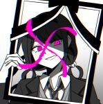 1girl bad_id bad_twitter_id chabashira_tenko coattails collared_jacket collared_shirt commentary_request commission danganronpa_(series) danganronpa_v3:_killing_harmony diagonal-striped_clothes diagonal-striped_necktie eyelashes gradient_background grey_background greyscale hair_ornament hair_scrunchie holding holding_frame iei jacket long_hair long_sleeves looking_at_viewer low_twintails monochrome necktie open_clothes open_jacket open_mouth pink_eyes school_uniform scrunchie shirt simple_background smile solo spot_color striped_clothes twintails upper_body v-neck vest waka_(wk4444) 