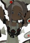  1girl agent_8_(splatoon) bare_shoulders battering_lento blue_eyes blue_pupils bodysuit cephalopod_eyes chinese_commentary choker dark-skinned_female dark_skin expressionless eyes_visible_through_hair fish_skeleton grey_hair highres holding holding_paper kirigami long_hair no_nose octoling_girl octoling_player_character paper parallel_canon parted_lips red_eyes redbeanpie0 sleeveless sleeveless_bodysuit solo splatoon_(series) splatoon_3 splatoon_3:_side_order suction_cups swarming_languendo tentacle_hair upper_body white_background white_bodysuit white_choker 