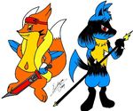  ambiguous_gender floatzel lucario marquis2007 nintendo plain_background pok&#233;mon pok&eacute;mon polearm red_eyes spear video_games white_background 