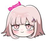  1girl blunt_bangs blush character_name danganronpa_(series) danganronpa_2:_goodbye_despair galaga hair_ornament head_only light_brown_hair looking_at_viewer medium_hair nanami_chiaki pink_eyes simple_background smile spaceship_hair_ornament tanpopo_(tanpopono_ocha) white_background 