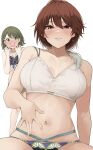  2girls absurdres aketa_mikoto bikini blush breasts brown_hair collarbone green_hair hand_on_own_stomach highres idolmaster idolmaster_shiny_colors large_breasts light_brown_hair looking_at_another looking_at_viewer mismatched_bikini multiple_girls nanakusa_nichika navel nose_blush simple_background smile stomach sweatdrop swimsuit white_background yamanoko_19517 