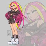  1girl absurdres alternate_costume artist_name black_shorts black_socks blonde_hair cardigan english_commentary gym_shorts high-waist_shorts highres long_hair looking_at_viewer multicolored_hair open_cardigan open_clothes pink_hair plumeria_(pokemon) pokemon pokemon_sm rinkuu_art shorts socks sports_bra sportswear twitter_username two-tone_hair white_eyeshadow white_footwear wide_sleeves yellow_eyes zoom_layer 