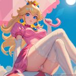  1girl blonde_hair blue_eyes blue_sky breasts cameltoe cloud covered_nipples crossed_legs dress from_below gloves holding holding_umbrella itzah long_hair looking_at_viewer looking_down mario_(series) medium_breasts panties patreon_username pink_dress pixel_art princess_peach short_sleeves sitting sky sun sunlight thighhighs umbrella underwear white_gloves white_panties white_thighhighs 