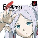  1girl blue_eyes brand_name_imitation cover expressionless frieren highres logo_parody playstation_logo pointing pointing_at_viewer poster_parody serial_experiments_lain sketch solo sousou_no_frieren tenten_(chan4545) video_game_cover white_background white_hair 