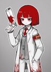  1girl blood blood_on_clothes closed_mouth coat collared_shirt e.g.o_(project_moon) employee_(project_moon) flaw_eight grey_background grey_vest lobotomy_corporation long_sleeves necktie project_moon red_eyes red_hair red_necktie shirt short_hair simple_background solo vest white_coat white_shirt 